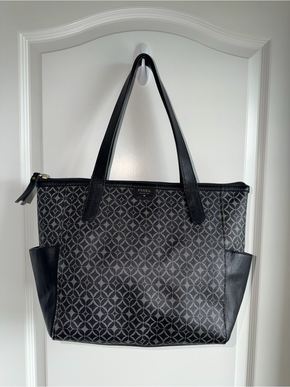 Fossil Black Gray Monogram Tote Bag Zip Top Shoulder Bag Work Laptop Travel